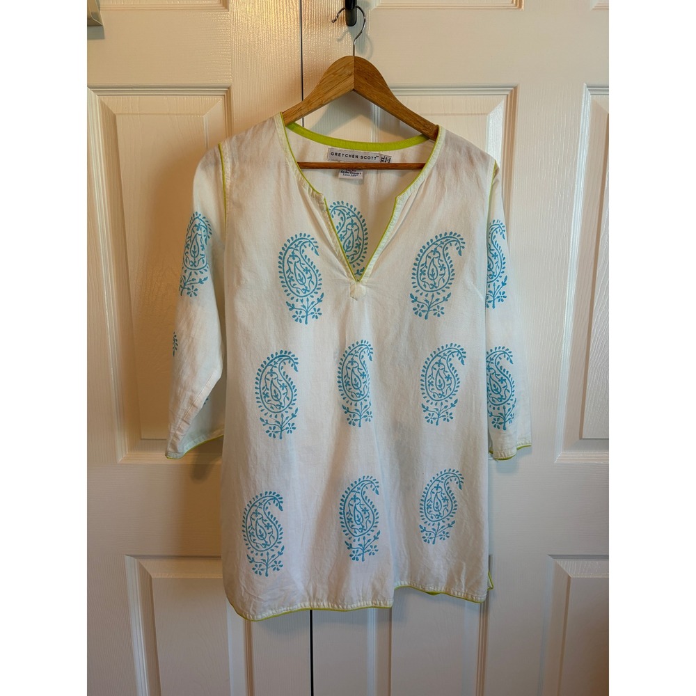 Gretchen Scott Womens XL White Blue Paisley Cotton Tunic 3/4 Sleeve Top Blouse